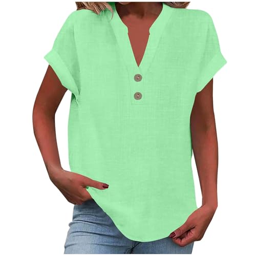 Tshirt Damen Sommer Musselin Bluse Baumwolle Leinen Hemd Locker Kurzarm Leinenbluse Basic Shirts V-Ausschnitt Button-Down Langarmshirt Elegant Solide Blusenshirt Casual Hemdbluse Frauen Tunika Tops von Komiseup