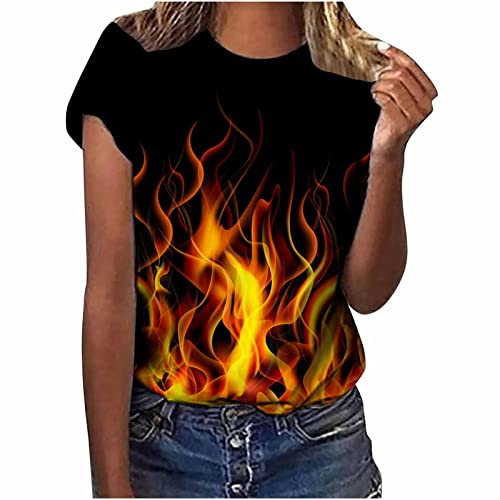 Tshirt Damen Sommer Oberteile Flammen Druck Shirt Basic Tees Tops Kurzarmshirt Bunt Flammendruck Pullover Klassich Aufdruck T-Shirt Gradient Bluse Kurze Ärmel Hemdbluse Teenager Mädchen Streetwear von Komiseup