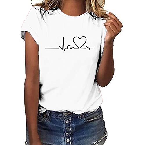 Tshirt Damen Weiss Kurzarm mit Aufdruck EKG Elegant Weiß Rundhals T-Shirt Lustige Baumwolle Basic Shirt Teenager Mädchen Einfarbig Pullover Tops Locker Sommer Oberteil Cute T-Shirts Mode Tunika Bluse von Komiseup