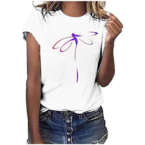 Tshirt Damen Weiss Kurzarm mit Aufdruck Libelle Elegant Weiß Rundhals T-Shirt Baumwolle Basic Shirt Teenager Mädchen Einfarbig Pullover Tops Locker Sommer Oberteil Cute T-Shirts Mode Tunika Bluse von Komiseup