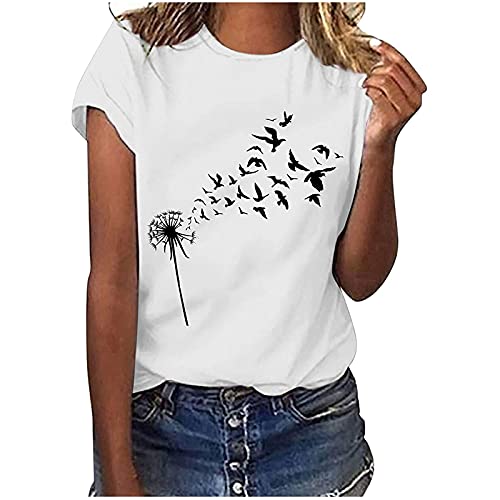 Tshirt Damen Weiss Kurzarm mit Aufdruck Löwenzahn Elegant Weiß Rundhals T-Shirt Baumwolle Basic Shirt Teenager Mädchen Einfarbig Pullover Tops Locker Sommer Oberteil Cute T-Shirts Mode Tunika Bluse von Komiseup