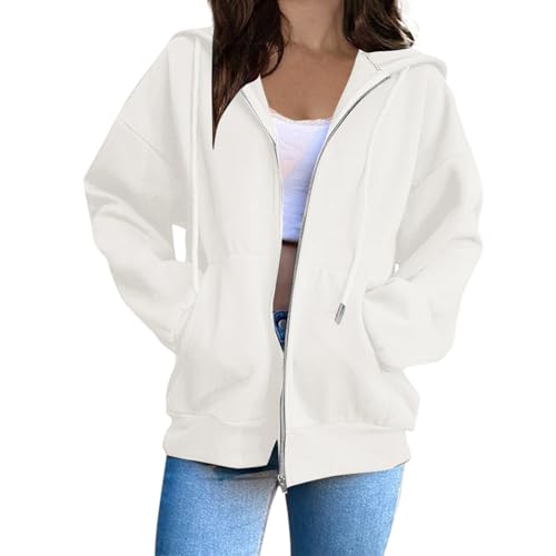 Übergangsjacke Damen Einfarbig Kapuzenpullover Oversized Sweatjacke mit Reißverschluss Casual Sweatshirt Locker Pullover mit Kapuze Fleece Kapuzenjacke Baumwoll Zipper Hoodie Lang Sweatshirtjacke von Komiseup