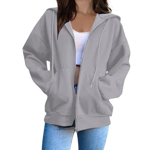 Übergangsjacke Damen Einfarbig Kapuzenpullover Oversized Sweatjacke mit Reißverschluss Casual Sweatshirt Locker Pullover mit Kapuze Fleece Kapuzenjacke Baumwoll Zipper Hoodie Lang Sweatshirtjacke von Komiseup