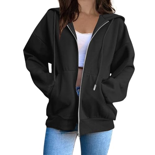 Übergangsjacke Damen Einfarbig Kapuzenpullover Oversized Sweatjacke mit Reißverschluss Casual Sweatshirt Locker Pullover mit Kapuze Fleece Kapuzenjacke Baumwoll Zipper Hoodie Lang Sweatshirtjacke von Komiseup
