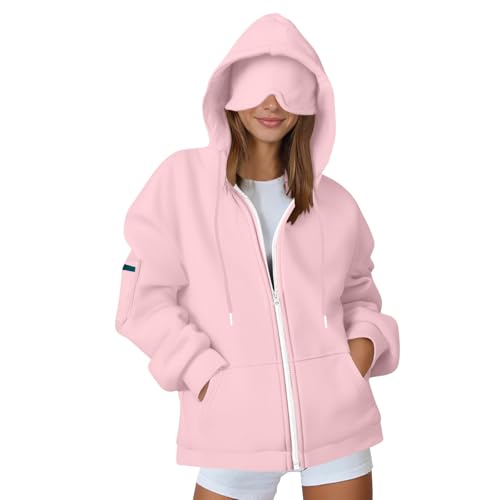 Übergangsjacke Damen Full Zip Hoodie mit integrierter Augenmaske Einfarbig Kapuzenpullover Oversized Sweatjacke mit Reißverschluss Locker Sportjacke Casual Sweatshirt Unisex Pullover mit Taschen von Komiseup