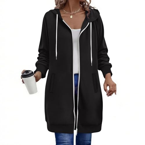 Übergangsjacke Damen Lang Steppjacke Einfarbig Hoodie Oversized Sweatjacke mit Reißverschluss Casual Locker Pullover mit Kapuze Fleece Winterjacke Baumwoll Zipper Kapuzenjacke Sport Laufjacke S-XXL von Komiseup