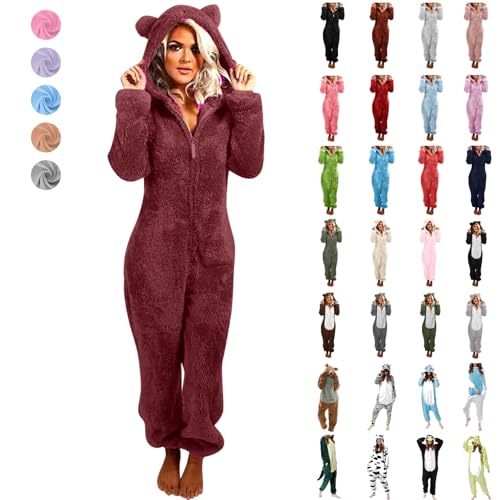 Unisex Erwachsene Fleece Bär Nachtwäsche Onesie Locker Lustige Verdicken Pyjamas Herbst Winter Overall Einteiler Fleece Pyjama Warm Plüsch Schlafanzug Frauen Langarm Hooded Jumpsuit Homewear S-5XL von Komiseup