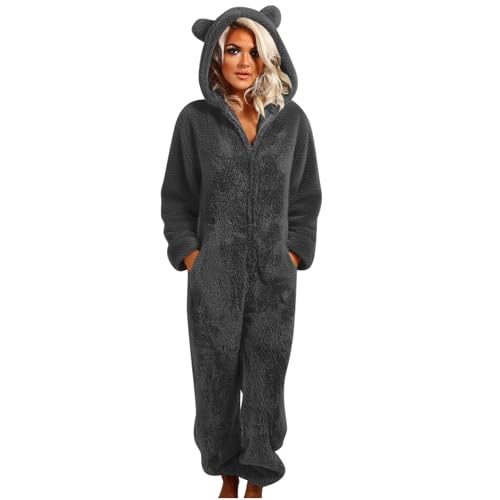 Unisex Erwachsene Fleece Bär Nachtwäsche Oversize Jumpsuits Locker Lustige Verdicken Pyjama Herbst Winter Overall Einteiler Fleece Onesie Warm Plüsch Schlafanzug Frauen Langarm Hooded Homewear S-5XL von Komiseup