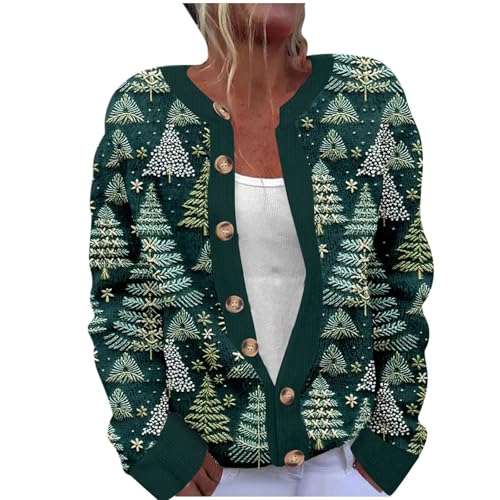 Weihnachts Strickjacke Damen Strickmantel mit Weihnachtsmann Drucken Black Strickpullover Friday mit Weihnachtsmotive Rundhals Grobstrick Cardigan mit Knopfleiste Weihnachtsstrickjacken für Frauen von Komiseup