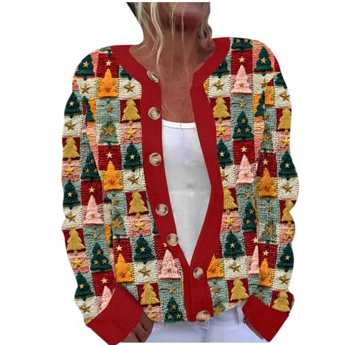 Weihnachts Strickjacke Damen Strickmantel mit Weihnachtsmann Drucken Black Strickpullover Friday mit Weihnachtsmotive Rundhals Grobstrick Cardigan mit Knopfleiste Weihnachtsstrickjacken für Frauen von Komiseup