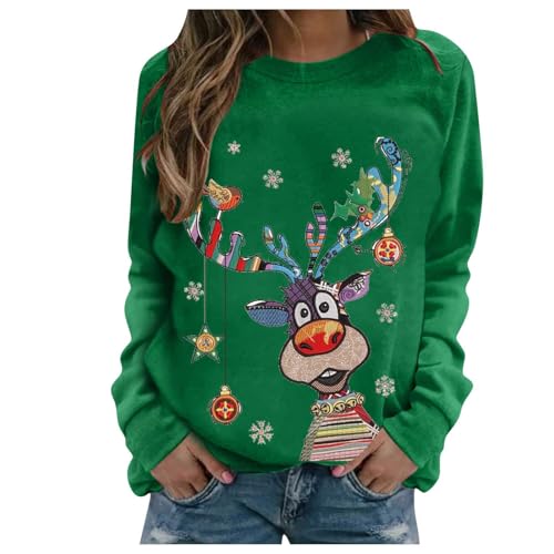 Weihnachtspullover Damen 2024 Lustig Weihnachtsshirt Weihnachtspulli Ugly Christmas Sweater Weihnachts Rentier Print Sweatshirt Weihnachtsmuster Pullover Basic Rundhals Langarmshirt Xmas Oberteile von Komiseup