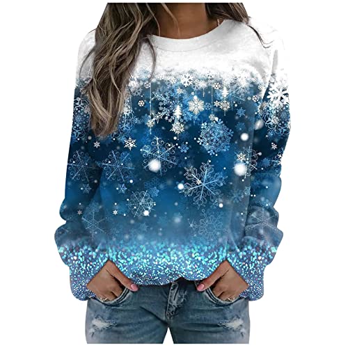 Weihnachtspullover Damen Sweatshirt Bunte Schneeflocke Druck Lose Weihnachten Pullover Sweatshirts Frauen Rundhals Farbverlauf Langarm Pulli T Shirt Tunika Tops Festliche Weihnachtsshirt Oberteile von Komiseup