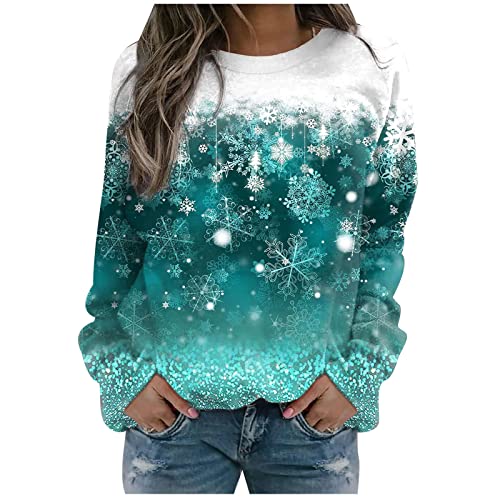 Weihnachtspullover Damen Sweatshirt Bunte Schneeflocke Druck Lose Weihnachten Pullover Sweatshirts Frauen Rundhals Farbverlauf Langarm Pulli T Shirt Tunika Tops Festliche Weihnachtsshirt Oberteile von Komiseup