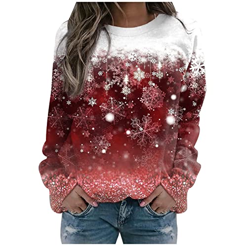 Weihnachtspullover Damen Sweatshirt Bunte Schneeflocke Druck Lose Weihnachten Pullover Sweatshirts Frauen Rundhals Farbverlauf Langarm Pulli T Shirt Tunika Tops Festliche Weihnachtsshirt Oberteile von Komiseup