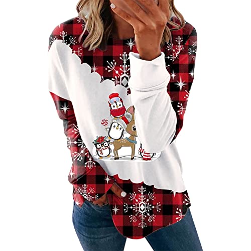 Weihnachtspullover Damen Sweatshirt Pinguin Druck Lose Weihnachten Pullover Sweatshirts Frauen Rundhals Langarm Pulli T Shirt Tunika Tops Festliche Weihnachtsshirt Karierte Oberteile von Komiseup