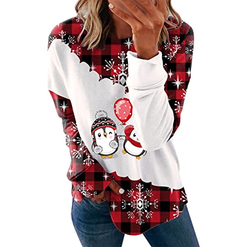 Weihnachtspullover Damen Sweatshirt Pinguin Muster Lose Weihnachten Pullover Sweatshirts Frauen Rundhals Langarm Pulli T Shirt Tunika Tops Festliche Weihnachtsshirt Karierte Oberteile von Komiseup