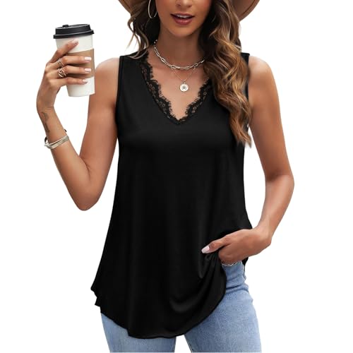 Weste Damen, Tank Top Damen, Tshirt Damen, Pullover Damen, Longshirt Damen, Bluse Damen Elegant Spitze Oberteile Große Größen Frauen Sommertops Spaghetti Camisole mit V-Ausschnitt Basic Stretch Tops von Komiseup