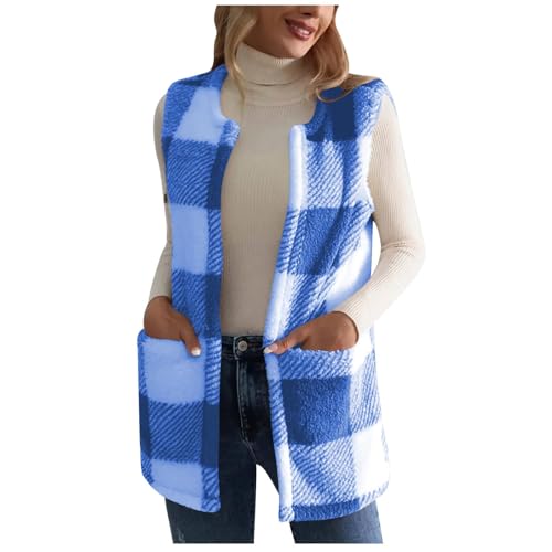 Weste Damen Ärmellose Fleeceweste mit/ohne Kapuze Teddy Fleece Winterweste Dicke Plüsch Cardigan Herbst Winter Strickjacke Leicht Lang Fellweste Warm Plüschweste Karierte bedruckte Teddyweste S-XXL von Komiseup