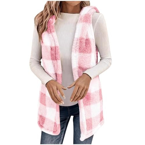 Weste Damen Ärmellose Fleeceweste mit/ohne Kapuze Teddy Fleece Winterweste Dicke Plüsch Cardigan Herbst Winter Strickjacke Leicht Lang Fellweste Warm Plüschweste Karierte bedruckte Teddyweste S-XXL von Komiseup
