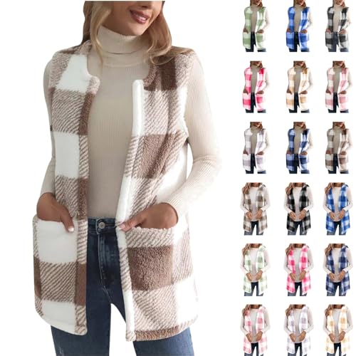 Weste Damen Ärmellose Fleeceweste mit/ohne Kapuze Teddy Fleece Winterweste Dicke Plüsch Cardigan Herbst Winter Strickjacke Leicht Lang Fellweste Warm Plüschweste Karierte bedruckte Teddyweste S-XXL von Komiseup