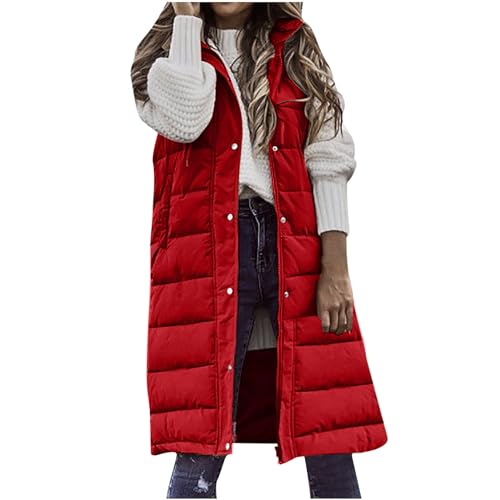 Weste Damen Lang Steppweste Leicht Ärmellose Winterweste mit Taschen Warm Stehkragen Daunenweste mit Kapuze Elegant Einfarbig Winterjacke Herbst Winter Übergangsweste Casual Reißverschluss Longweste von Komiseup