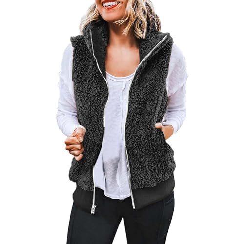 Weste Damen Winter Fleeceweste Locker Plüschweste mit Kapuze Kunstfell Teddy Fleece Hoodie Westen Outwear Ärmellos Cardigan Jacke Herbst Winter Übergangsweste Casual Einfarbige Flauschig Longweste von Komiseup