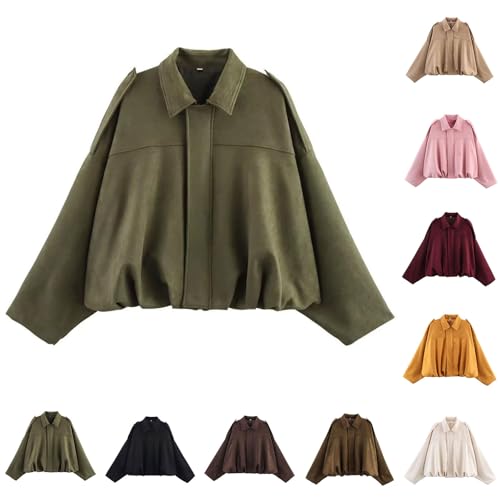 Wildlederjacke Damen Kurz Winterjacke Oversized Bomberjacke aus Weichem Kunstwildleder mit Fleece-Futter Vintage Einfarbige Übergangsjacke Teenager Mädchen Y2K Streetwear Lässig Motorrad Lederjacke von Komiseup