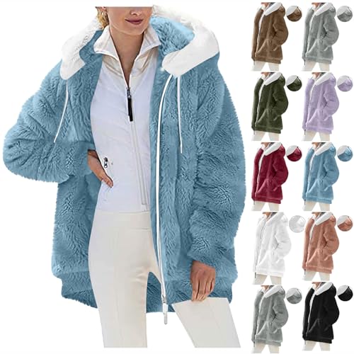 Winterjacke Damen 2025 Neu Teddyjacke mit Bärenohren Winter Warm Übergangsjacke mit Kapuze Locker Teddy Fleecejacke mit Taschen Elegant Einfarbig Wintermantel Flauschig Dicke Plüschjacke S-XXL von Komiseup