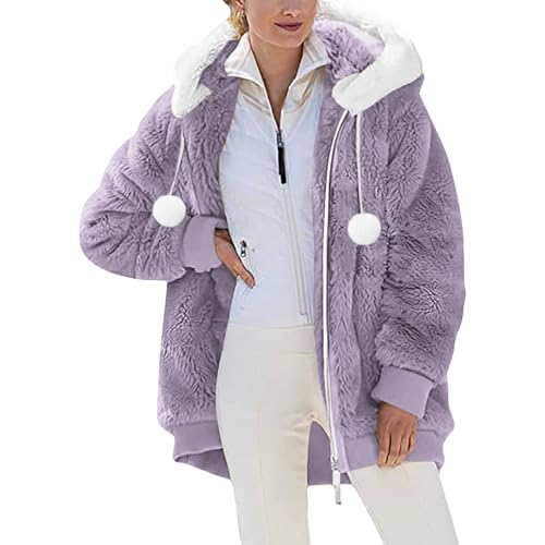 Winterjacke Damen Sherpa Fleecejacke Hoodie Damen Black Kapuzenpullover Friday Teddy-Fleece Warm Wintermantel Stilvoller ReißVerschluss Fellmantel Teddyjacke mit Kapuze Plüschjacke mit Taschen von Komiseup