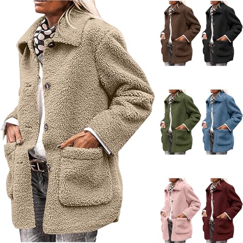 Winterjacke Damen Teddy Fleecejacke Warm Fleece Wintermantel Teddyjacke Teddyfleece Jacke mit Knöpfen Lässige Locker Übergangsjacke Winter Plüschjacke mit Taschen Teddy Jacken Mode Mantel für Frauen von Komiseup