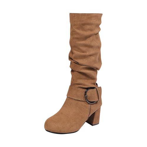 Winterstiefel Damen Oktoberfest Wildleder Stiefeletten kniehohe Cowboystiefel Trachten Westernstiefel Halbhoch Halbstiefel Bequeme Schlupfschuhe Absatz Einfarbig Damenstiefel Winter Übergangsstiefel von Komiseup