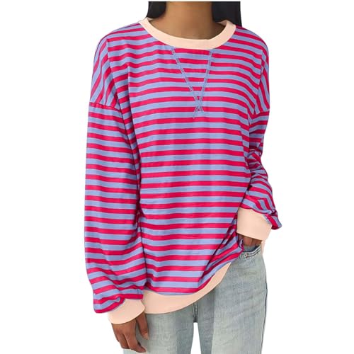 Women Striped Color Block Oversized Sweatshirt Crew Neck Long Sleeve Shirt Pullover Top Casual Loose fit Sweater Gestreift Rundhals Langarmshirt Striped dupes Lässig Lose Pullover Y2K Oberteile Tops von Komiseup