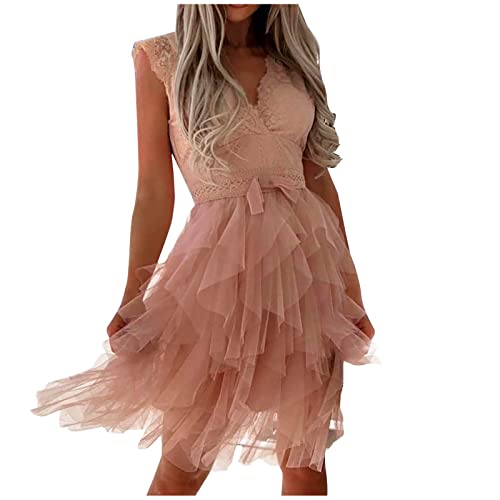 Women's Summer Solid Lace Flowers Embroidery Dress Crew-Neck Short Sleeve Elastic Waist Dress Beach Dress Sun Dress Ruffled Flowy Mini Dress von Komiseup