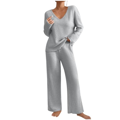 Zweiteiler Damen Lounge Set Black Jogginganzug Friday V-Ausschnitt Einfarbig Loungewear Gerippt Shirt Top Langärm mit Hose 2-Teiliges Hausanzug Loungewear Nachtwäsche Hauskleidung Rollkragenpullover von Komiseup