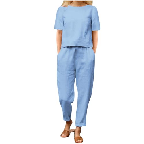 Zweiteiler Damen Sommer Musselin Leinen Outfits Große Größen Freizeitanzug Baumwolle Leicht Hosenanzug Lose Kurzarm Tshirt und Hose Tracksuit mit Taschen Jogginganzug Einfarbig 2-Teilige Sportanzug von Komiseup