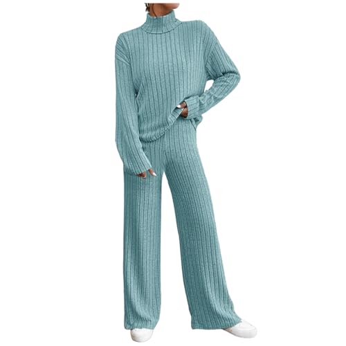 Zweiteiler Lounge Set Damen Strick Loungewear Set Gerippt Hausanzug Winter Jogginganzug Black Freizeitanzug Friday Sleepwear Weich Strickanzug 2 Teilig Strickpullover Langärm Hose Freizeit Outfit von Komiseup