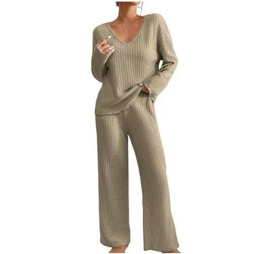 Zweiteiler Lounge Set Damen Strick Loungewear Set Gerippt Hausanzug Winter Jogginganzug Black Freizeitanzug Friday Sleepwear Weich Strickanzug 2 Teilig Strickpullover Langärm Hose Freizeit Outfit von Komiseup