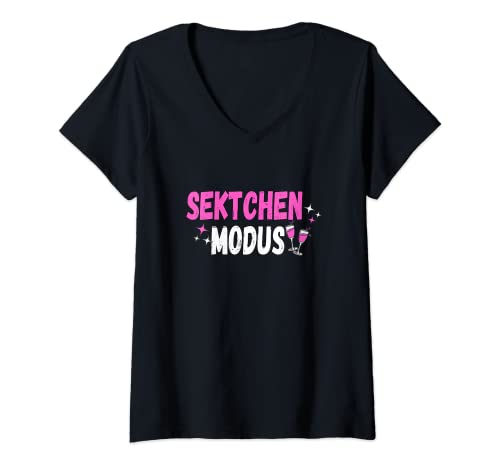 Damen Sektchen Zischen? Sekt Modus Mädels Abend Lustiges T-Shirt mit V-Ausschnitt von Komm mach den Sekt auf