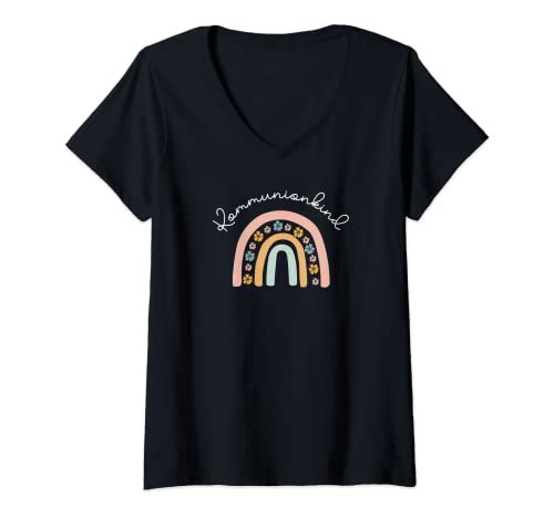 Damen Kommunionkind Regenbogen Kommunion Symbole Kommunionkinder T-Shirt mit V-Ausschnitt Damen Kommunionkind Regenbogen Kommunion Symbole Kommunionkinder T-Shirt mit V-Ausschnitt von Kommunion Geschenke Für Mädchen Geschenkideen