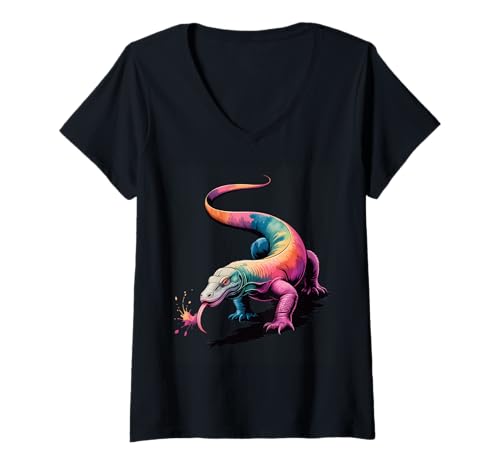 Damen Farbenfroher Komodo-Drachen-Poster-Stil, Farbspritzer T-Shirt mit V-Ausschnitt Damen Farbenfroher Komodo-Drachen-Poster-Stil, Farbspritzer T-Shirt mit V-Ausschnitt von Komodo Dragon Lover Apparel & Arts