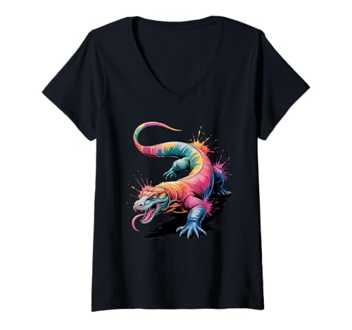 Damen Komodo Drachen-Poster, bunt, Farbspritzer T-Shirt mit V-Ausschnitt Damen Komodo Drachen-Poster, bunt, Farbspritzer T-Shirt mit V-Ausschnitt von Komodo Dragon Lover Apparel & Arts