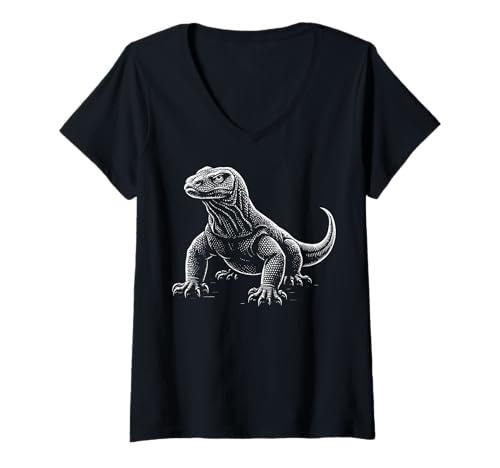 Damen Komodowaran Waran Reptil T-Shirt mit V-Ausschnitt Damen Komodowaran Waran Reptil T-Shirt mit V-Ausschnitt von Komodowaran Reptil Tierwelt Komodo insel