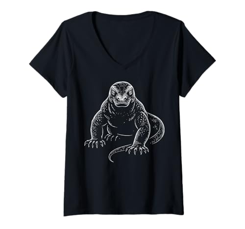 Damen Komodowaran Waran Reptil T-Shirt mit V-Ausschnitt von Komodowaran Reptil Tierwelt Komodo insel