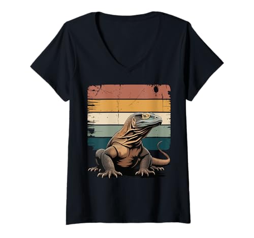 Damen Komodowaran Retro Waran T-Shirt mit V-Ausschnitt Damen Komodowaran Retro Waran T-Shirt mit V-Ausschnitt von Komodowaran Waran Reptil Vintage
