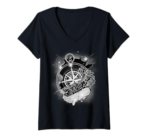 Damen maritim Fisch Fische Wal Walfisch Kompass Kinder Windrose T-Shirt mit V-Ausschnitt Damen maritim Fisch Fische Wal Walfisch Kompass Kinder Windrose T-Shirt mit V-Ausschnitt von Kompass Richtung Windrose