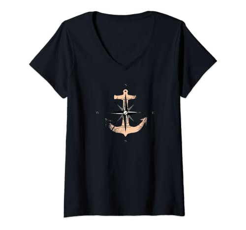 Damen Kompassrose Anker Kompass Segeln Boot Norden Maritimes T-Shirt mit V-Ausschnitt von Kompassrose Anker Kompass Maritimes Motiv