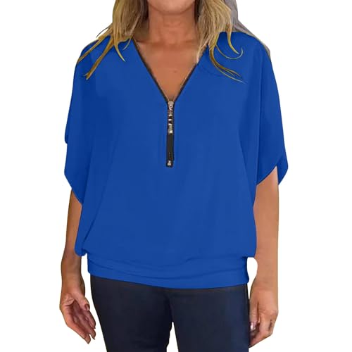 KonJim Chiffon-Blusen für Damen, trendig, elegant, Fledermausärmel, V-Ausschnitt, Reißverschluss, lässig, locker, Dolman-Top, gebänderter Saum, durchscheinendes Netz-Tunika-Oberteil, blau, 3XL KonJim Chiffon-Blusen für Damen, trendig, elegant, Fledermausärmel, V-Ausschnitt, Reißverschluss, lässig, locker, Dolman-Top, gebänderter Saum, durchscheinendes Netz-Tunika-Oberteil, blau, 3XL von KonJim