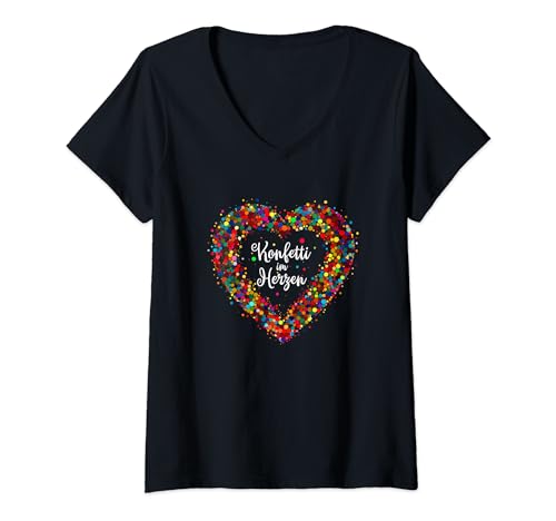 Damen Konfetti Herzen Fasching Outfit Karneval Kostüm Verkleidet T-Shirt mit V-Ausschnitt Damen Konfetti Herzen Fasching Outfit Karneval Kostüm Verkleidet T-Shirt mit V-Ausschnitt von Konfetti Karnevalskostüm Kostümersatz Verkleidung