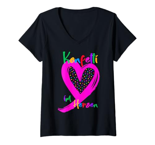 Damen Deko Herz pink Karneval Fasnacht Fasching Konfetti im Herzen T-Shirt mit V-Ausschnitt von Konfetti im Herzen Karneval Fasching Fastnacht