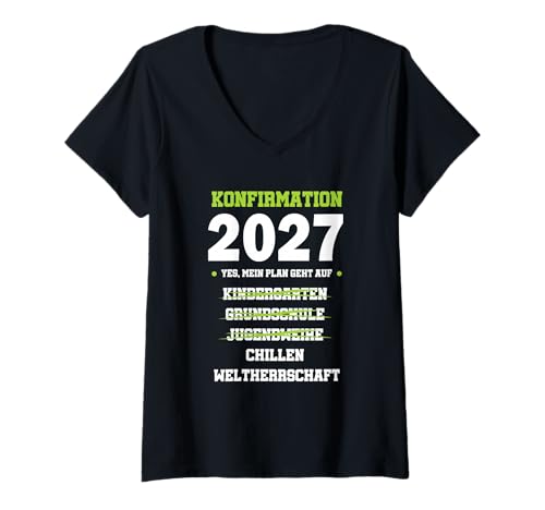 Damen Konfirmation 2027 Geschenk Lustiges Shirt Checkliste Plan T-Shirt mit V-Ausschnitt von Konfirmation Christentum Familie Geschenk